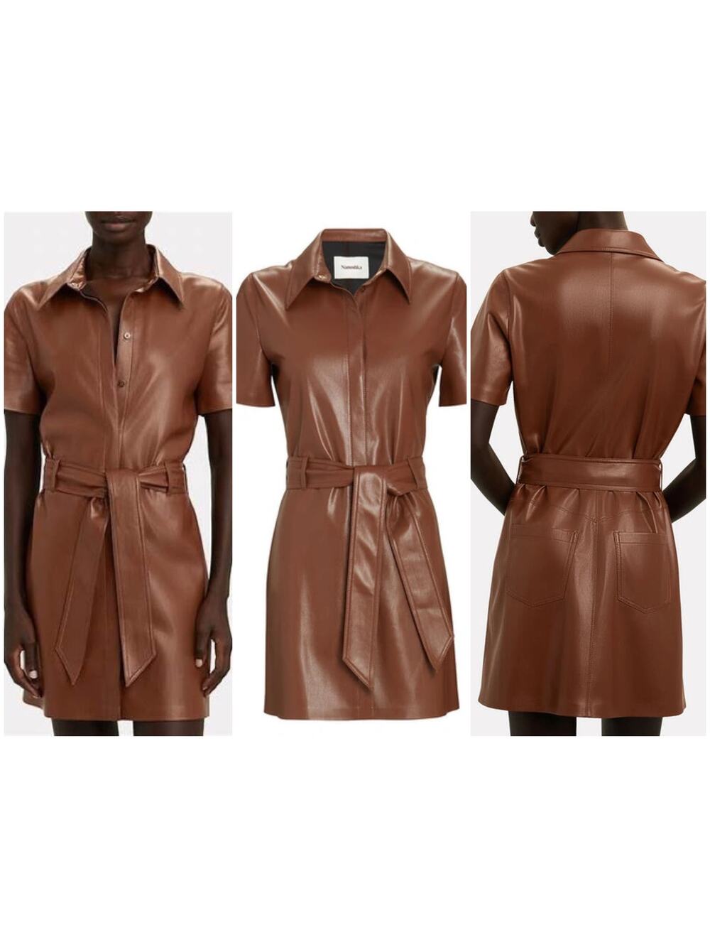 NANUSHKA Halli Vegan Leather Shirt Dress In Brown Size Small Belted Short Sleeve